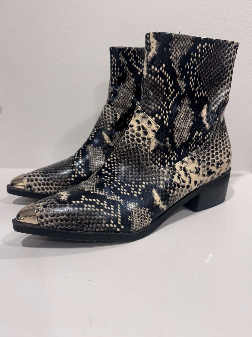 Ladies ASOS Black & Cream Snake-Print Pointed Toe Ankle Boots with Metal Cap